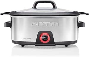 Chefman 6-Quart Slow Cooker, Electric Countertop Cooking, Stovetop & Oven-Safe Removable Insert for Browning & Sautéing, Family-Size Soups & Stews, Nonstick & Dishwasher-Safe Interior,Stainless Steel
