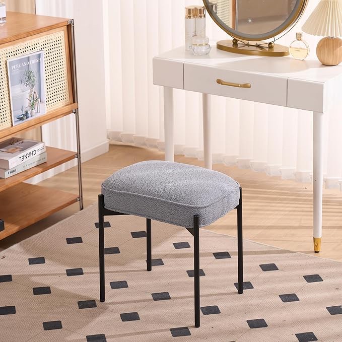 YOUNIKE Fabric Vanity Stool for Makeup Room Rectangle Foot Stool Ottoman with Metal Legs Upholstered Boucle Footrest Lamb Fleece Vanity Bench for Dressing Table Bedroom Living Room, Dark Grey