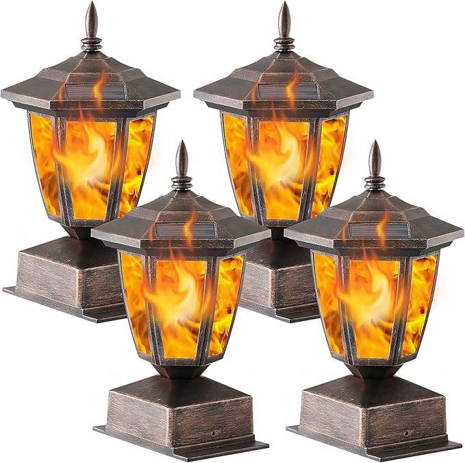Dynaming Solar Flame Post Lights Outdoor, Solar Powered Lamps Fence Post Cap Lights, Flickering Flame LED Lantern Decorative Waterproof for Garden Deck Patio, Fit 4x4, 5x5 or 6x6 Wooden Posts, 4 Pack