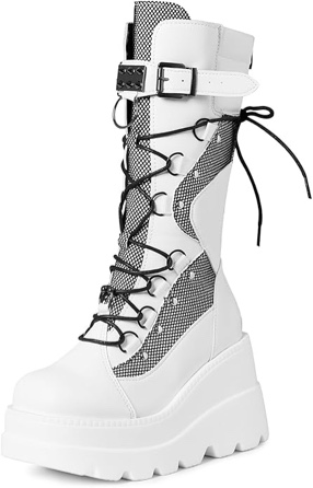 Tscoyuki Womens Goth Platform Boots Chunky Wedge Heel Rave Combat Boots Lace Up and Zipper Round Toe Mid Calf Boot for Concert Festival