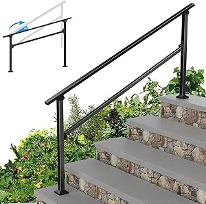 Adjustable handrails for Outdoor Steps,1-5 Steps Outdoor Stair Railing, Picket Wrought Iron handrail, Flexible Porch Railing, Black Transitional handrails for Concrete Steps or Wooden Stairs,3 feet