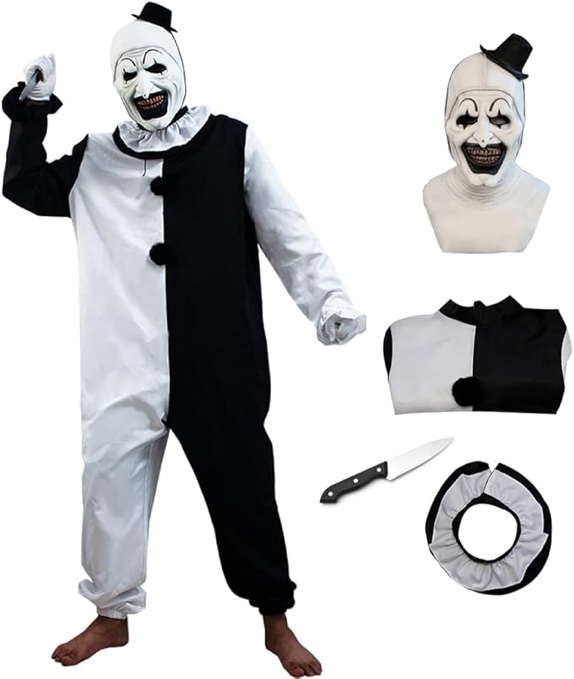 Clown Halloween Costume Adults Art Clowns Cosplay Bodysuit with Mask Gloves Knife for Scary Killer Funny Outfit XL