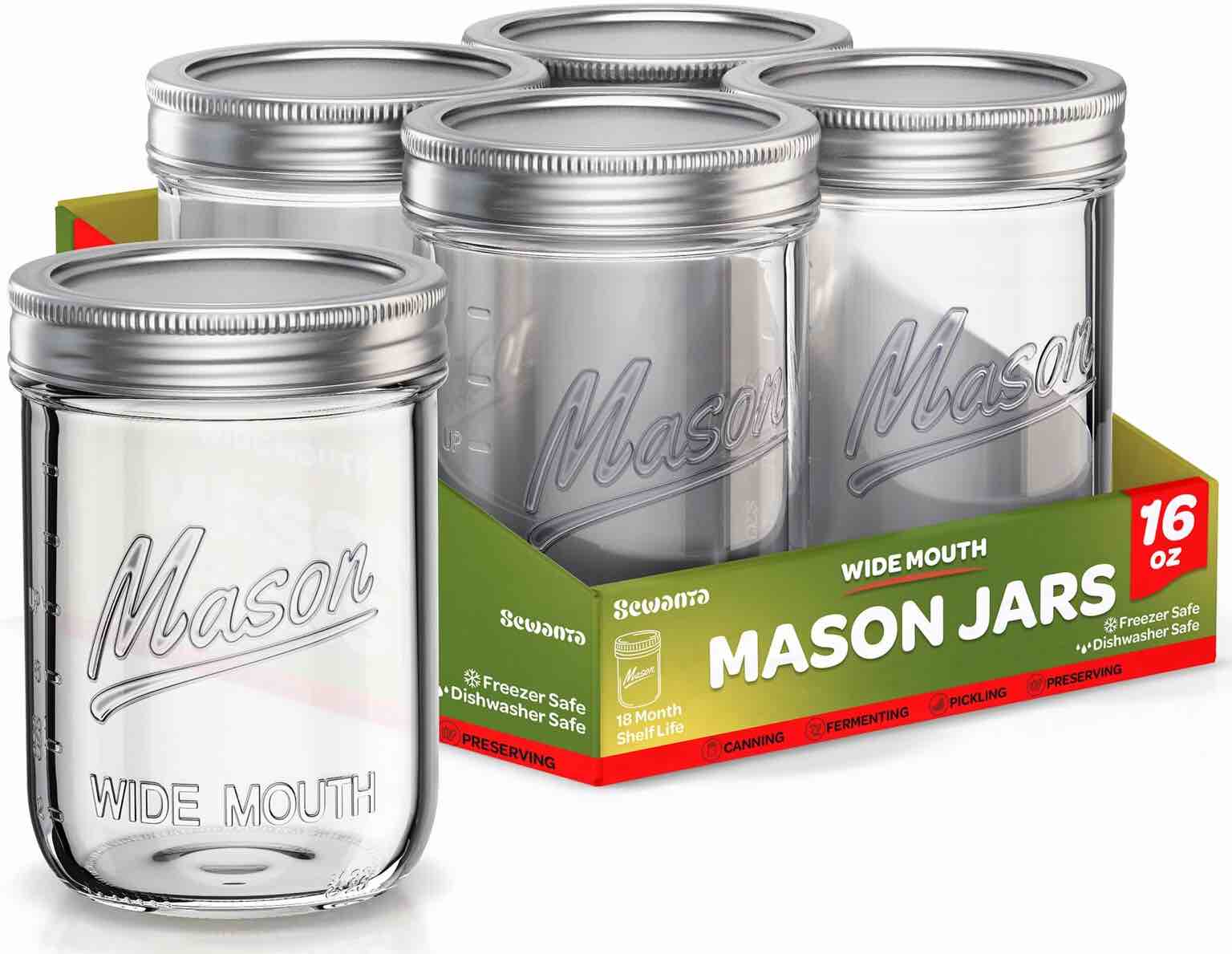 SEWANTA Wide Mouth Mason Jars 16 oz [5 Pack] With mason jar lids and Bands, mason jars 16 oz - For Canning, Fermenting, Pickling - Jar Décor - Microwave/Freeze/Dishwasher Safe.