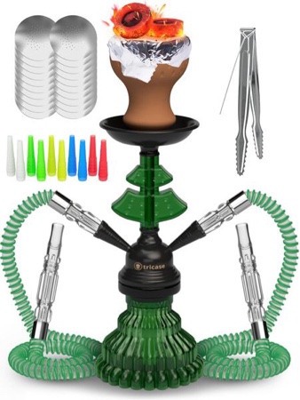 Green Hookah Set 2 Hose Hookah LilOne 12 inch Green Glass Mini Hookah Combo Kit Shisha Hookah Set with Prepunched Foil Hookas Bowl Disposable Tips Mouthpiece Tongs Portable Hookah Pipe
