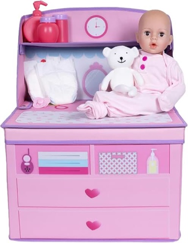 ADORA 14” Realistic Perfectly Pink Baby Doll Set with Deluxe Changing Table and 10-Piece Doll Accessories Including Pink Storage Box, 2 Baby Doll Diapers, Baby Powder Bottle, Pacifier and More