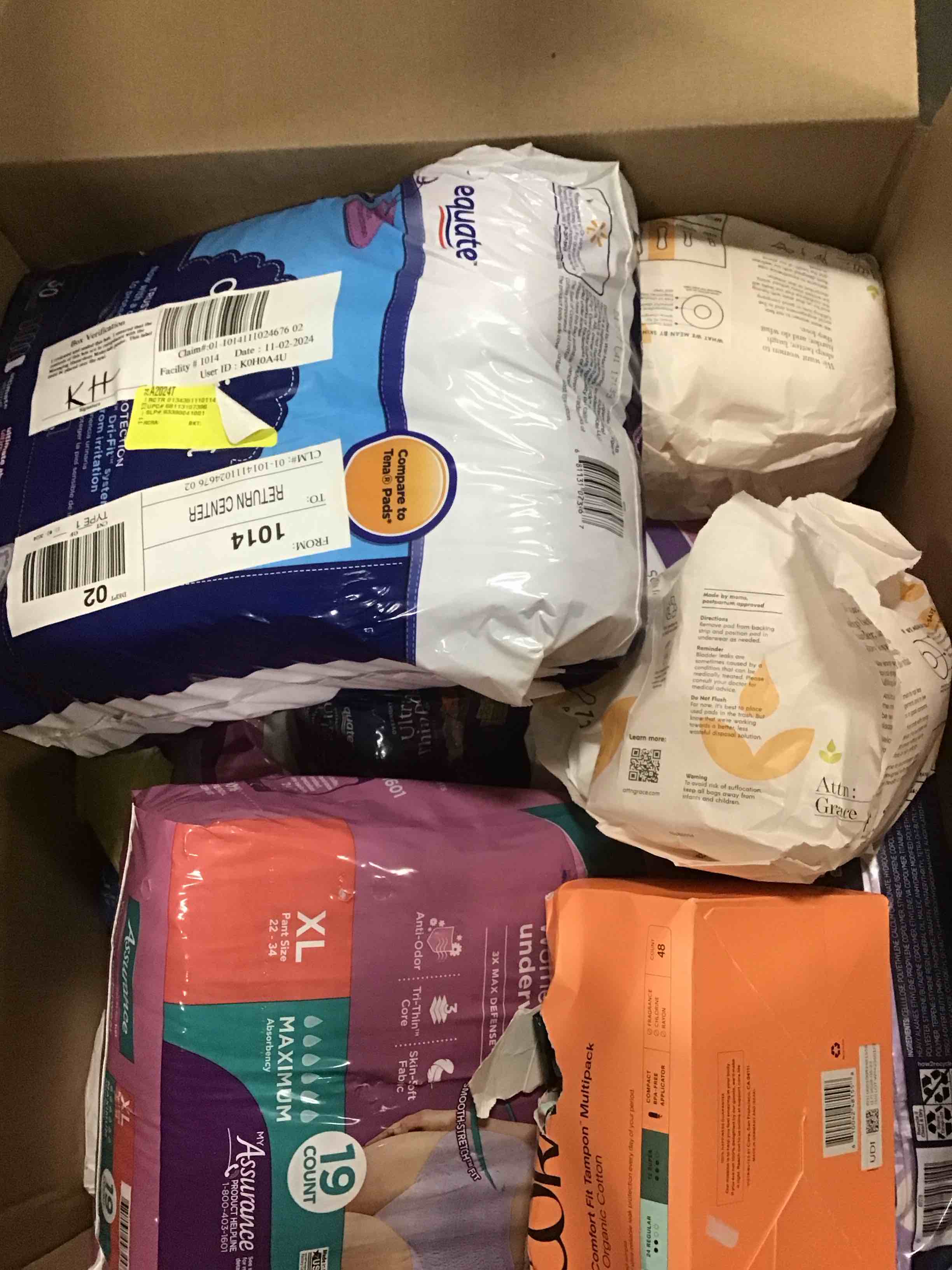 Assorted pads for women different color, size, style, brand. 