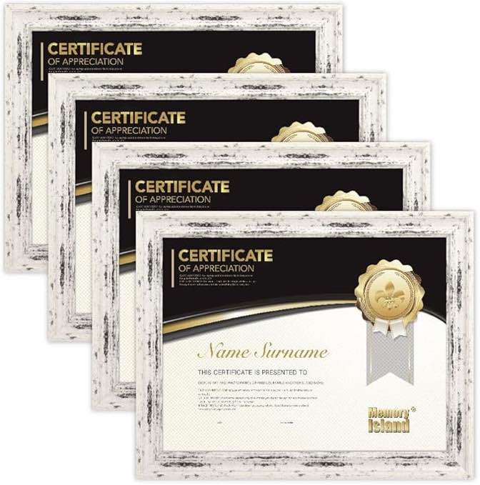 Memory Island 8.5x11 Document frames,Real Glass Fronts, 4 Pack Certificate Frames for Wall Or Tabletop Display,Diploma Frames For Degree Award,White