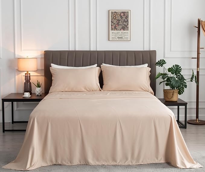 Cenba Bamboo Sheets- 4 Piece Bedding Set - Natural Bamboo - Soft Breathable Deep Pocket - 1 Flat 1 Fitted Sheet 2 Pillowcases - (Light Khaki, King)