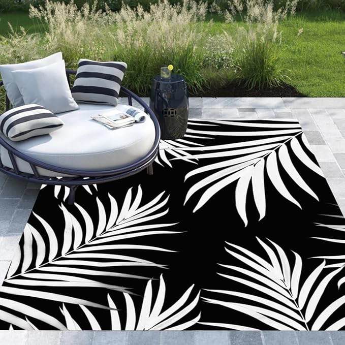 Realsitic Tropical Palm Leaf Area Rug 6x9 Black and White Monstera Pattern Outdoor Carpet for Porch Balcony Patio Backyard Non Slip Washable Waterproof Rugs