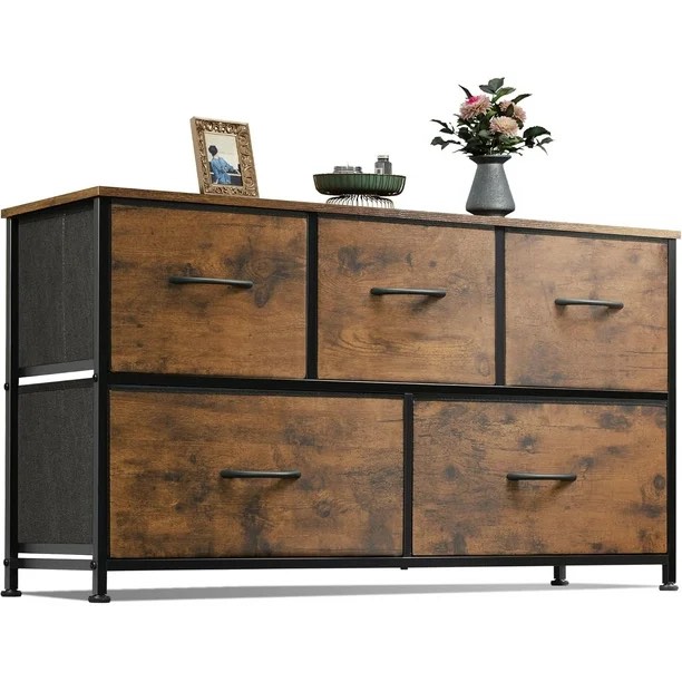 Modern 5-Drawer Tall Dresser Chest - Fabric Storage Organizer for Bedroom Clothes,Brown