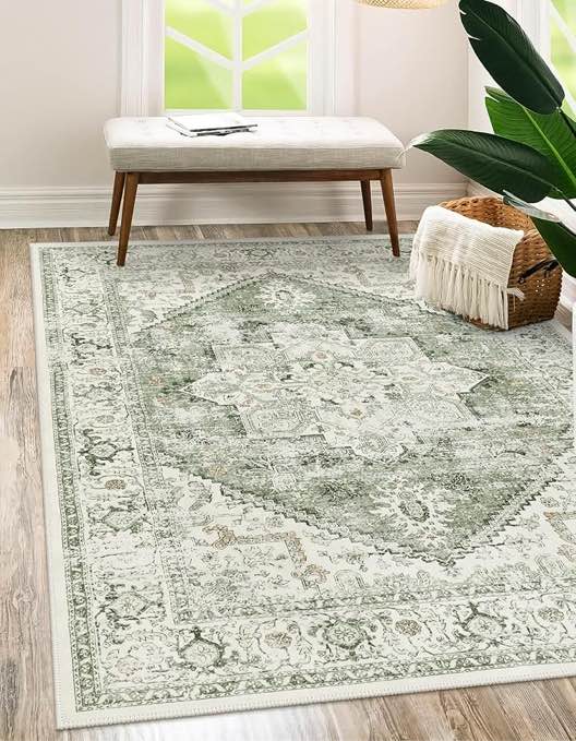 LIVEBOX Washable Area Rug Large Vintage Tribal Living Room Rug Vintage Non-Slip Indoor Rug for Bedroom,Low-Pile Retro Carpet Print Distressed Accent Rug for Nursery Entryway Office, Sage