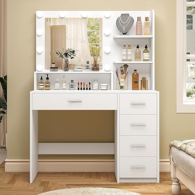 Makeup Vanity Desk with Mirror & Lights, Vanity Desk with 5 Drawers & Storage Shelves, Vanity Table, 3 Color Modes & Adjustable Brightness Dressing Table, Bedroom