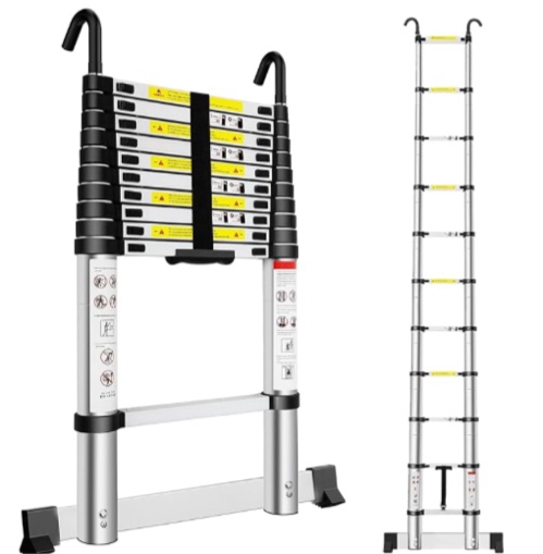 Extendable Telescopic Ladder 3.2M, Aluminium Telescoping Ladder with Detachable Hooks and Stabiliser Bar, Adjustable Height Portable Sturdy Loft Ladder Secure Climbing for Home