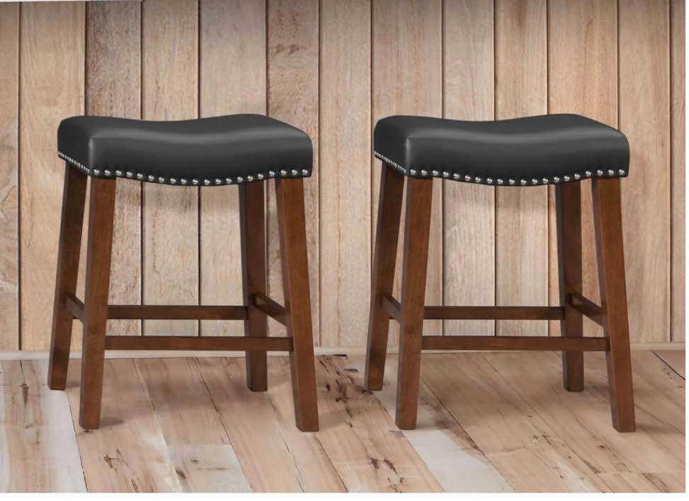 Larksperal 24" Backless Bar Stools Set of 2 - Counter Height Barstools with Faux Leather Upholstered Saddle Seat, Modern Wood Backless Bar Stools for Kitchen Island, Black