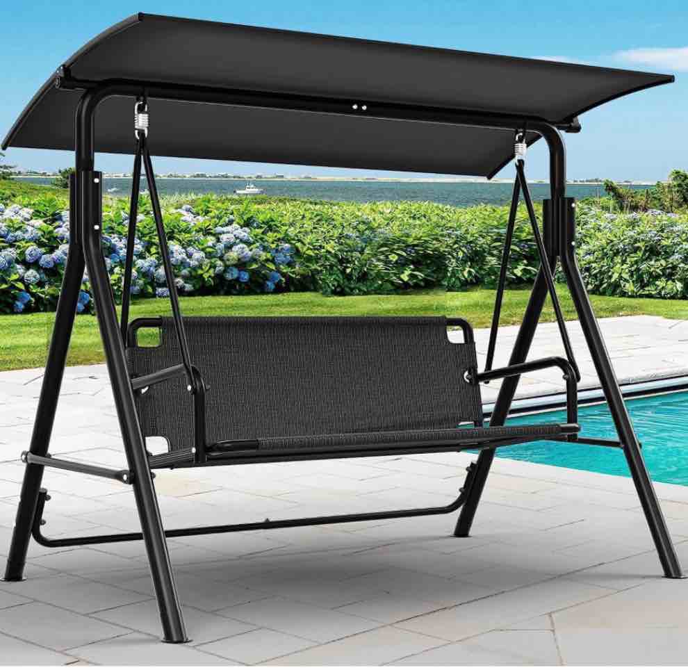 YITAHOME 3 Seater Canopy Swing Chair, Garden Swing Seat Chair, Outdoor Swinging Chair Bench with Adjustable Canopy for Patio Poolside Porch, Black