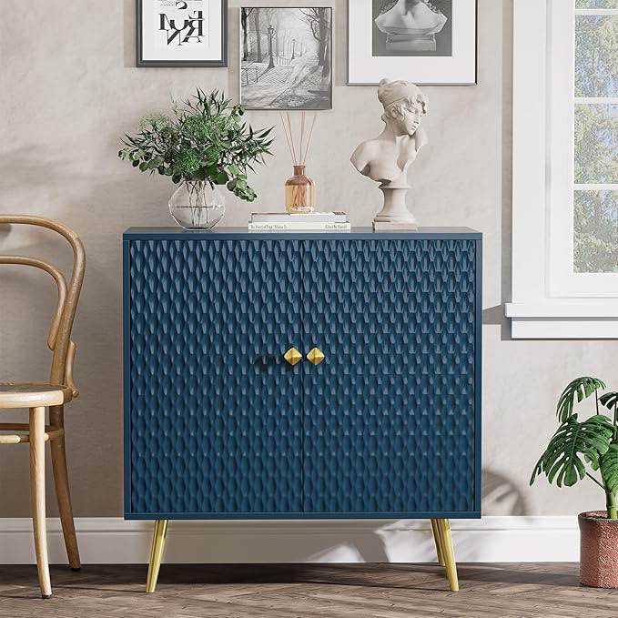 Buffet Cabinet with Storage, Blue Accent Cabinet with Carved Texture, Sideboard Buffet Cabinet with 2 Doors and Shelves, Modern Credenza Storage Cabinet for Living Room