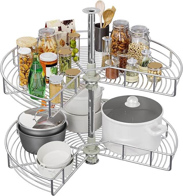 YITAHOME 31-Inch Kidney Shaped Chrome Pie Cut 2-Shelf Lazy Susan Corner Organizer for Kitchen Cabinet Blind Corner Storage with Telescoping Mount, Silver