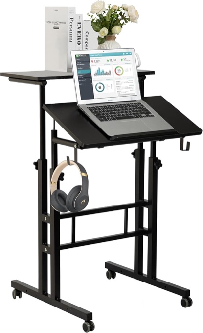 SIDUCAL Mobile Standing Desk, Portable Stand Up, Small Adjustable Converter with Wheels Home Office Workstation, Rolling Desk Laptop Cart for Standing or Sitting, Black