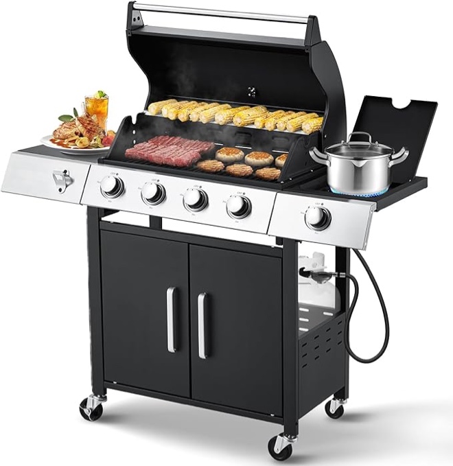 Upgraded 44,000 BTU Stainless Steel Burner Barbecue Grill, 4 Burner BBQ Propane Gas Grill with Side Stove & Cast Iron Grates for Patio, Camping, Outdoor Cooking