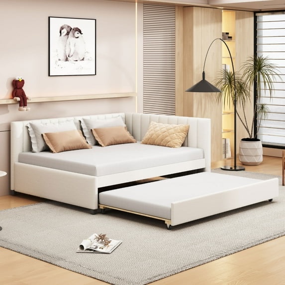 Full Size Daybed, Upholstered Tufted Sofa Bed, No Box Spring Needed, for Bedroom, Apartment, Living Room, Wooden Slats Support, Beige , incomplete 