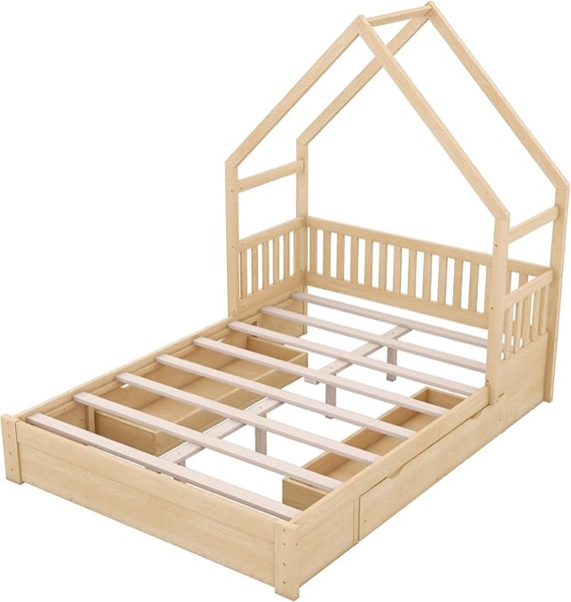 Queen Size House Beds with 2 Storage Drawers, Wood Platform Bed Frame with Rails and Roof Headboard, Montessori Bed with Slats Supports for Kids Girls Boys Adults, Natural