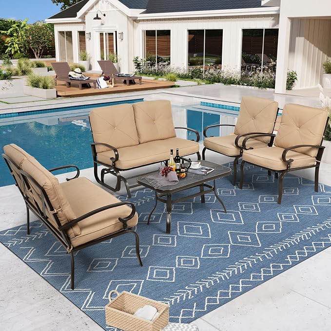 Outdoor Metal Furniture Sets Wrought Iron Patio Conversation Sets, (Glider, 2 Single Chairs, Loveseat, and Coffee Table) with Cushion (Brown) incomplete 