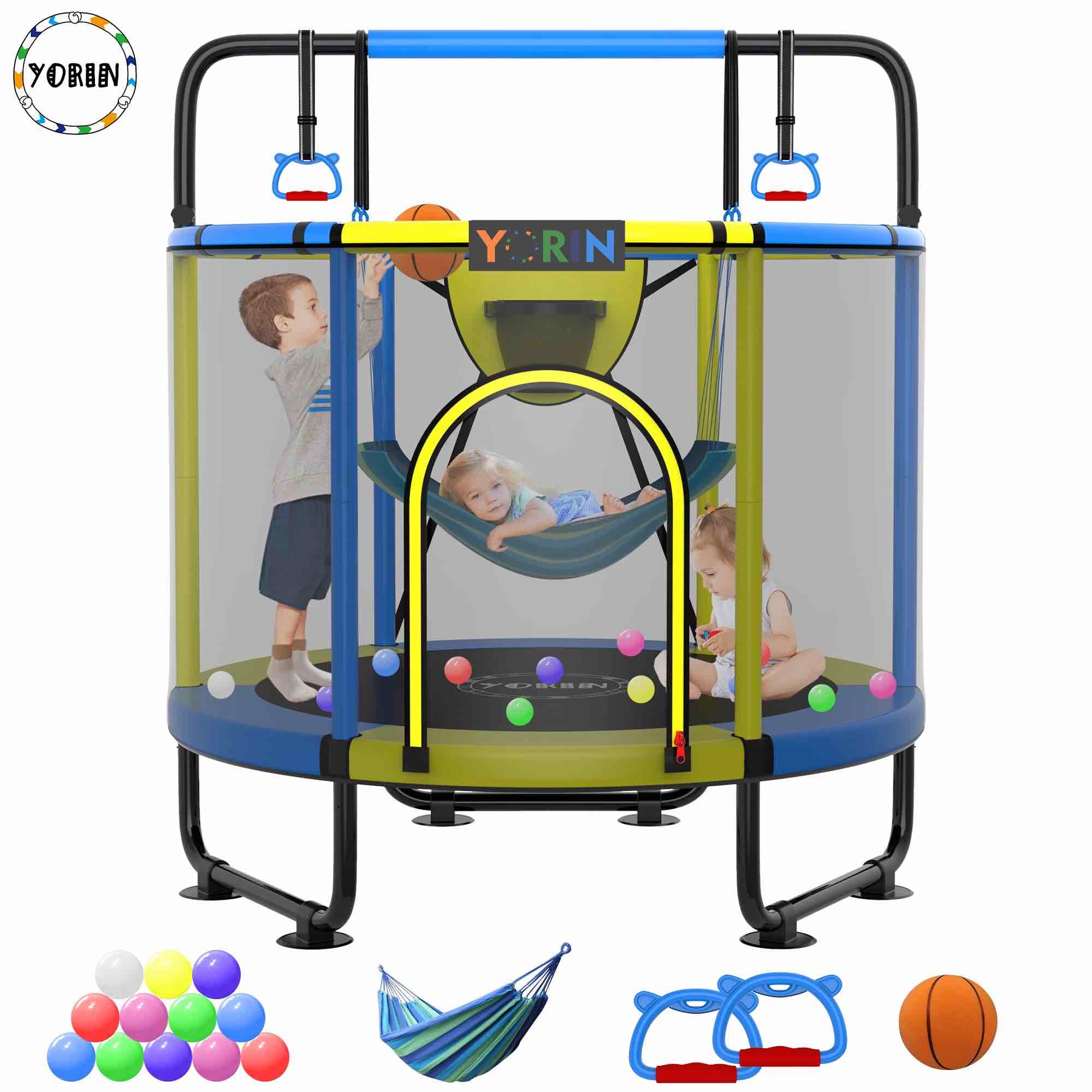 Horizontal bar trampoline 360 round YORIN Trampoline for Kids, 5FT Toddler Mini Trampoline with Enclosure Net, Basketball Hoop, 60'' Indoor/Outdoor Kids Trampoline with Swing, Adjustable Gymnastics Bars, Gifts for Boys & Girls, 600LBS