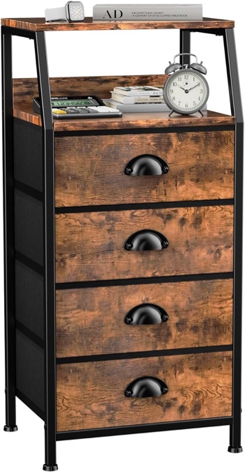 Dresser with 4 Drawers, Fabric Storage Tower for Bedroom, Tall Clothes Storage Drawers, Vertical Closet Organizer for Kids Room, Entryway, Nightstand Bedside Table, Sturdy Steel Frame & Wooden Top