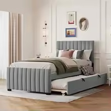 Gray Twin Velvet Upholstered Platform Bed with Trundle, Stylish Design for Space-Saving Storage and Sleepovers( incomplete ) 