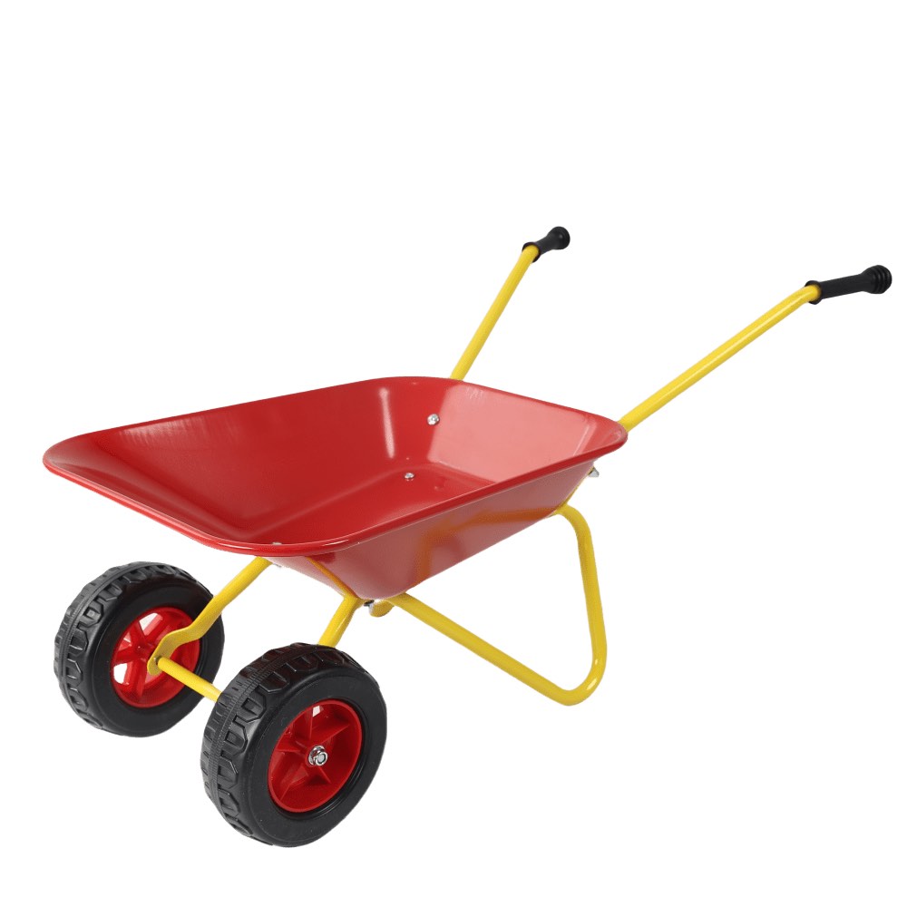 Children's metal wheelbarrow, children's heavy wheelbarrow, metal structure wheelbarrow, steel tray, can be used in gardens, loading leaves, soil, sand, etc. (red