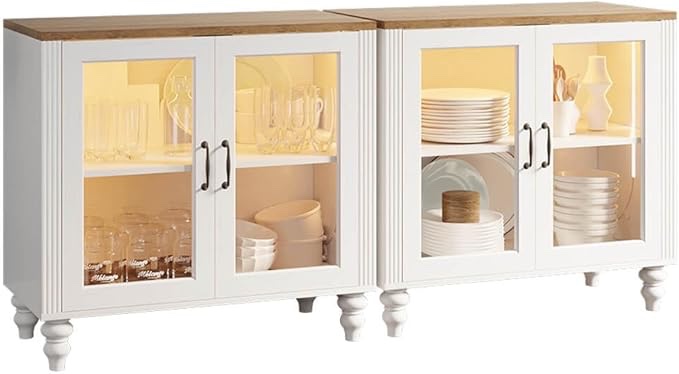 Lighting, Adjustable Storage Shelves & Glass Doors, Sideboard Storage Gray 