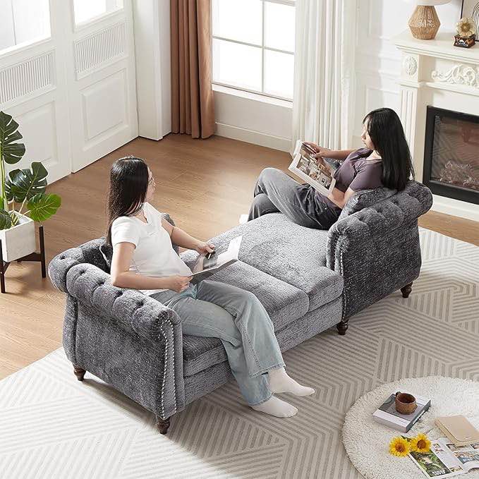 Sofa, 81W Small Couch with Button Tufted & Nailhead Trim - Mid Century Modern Couch for Living Room, Office, Lounge Sofa in Black with Gourd Legs and Scroll Arms ( Incomplete )