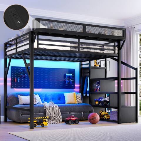 Queen Loft Bed with Storage Stairs, Shelves and Built-in Wardrobe, Metal Loft Bed Frame with USB Ports and LED Lights