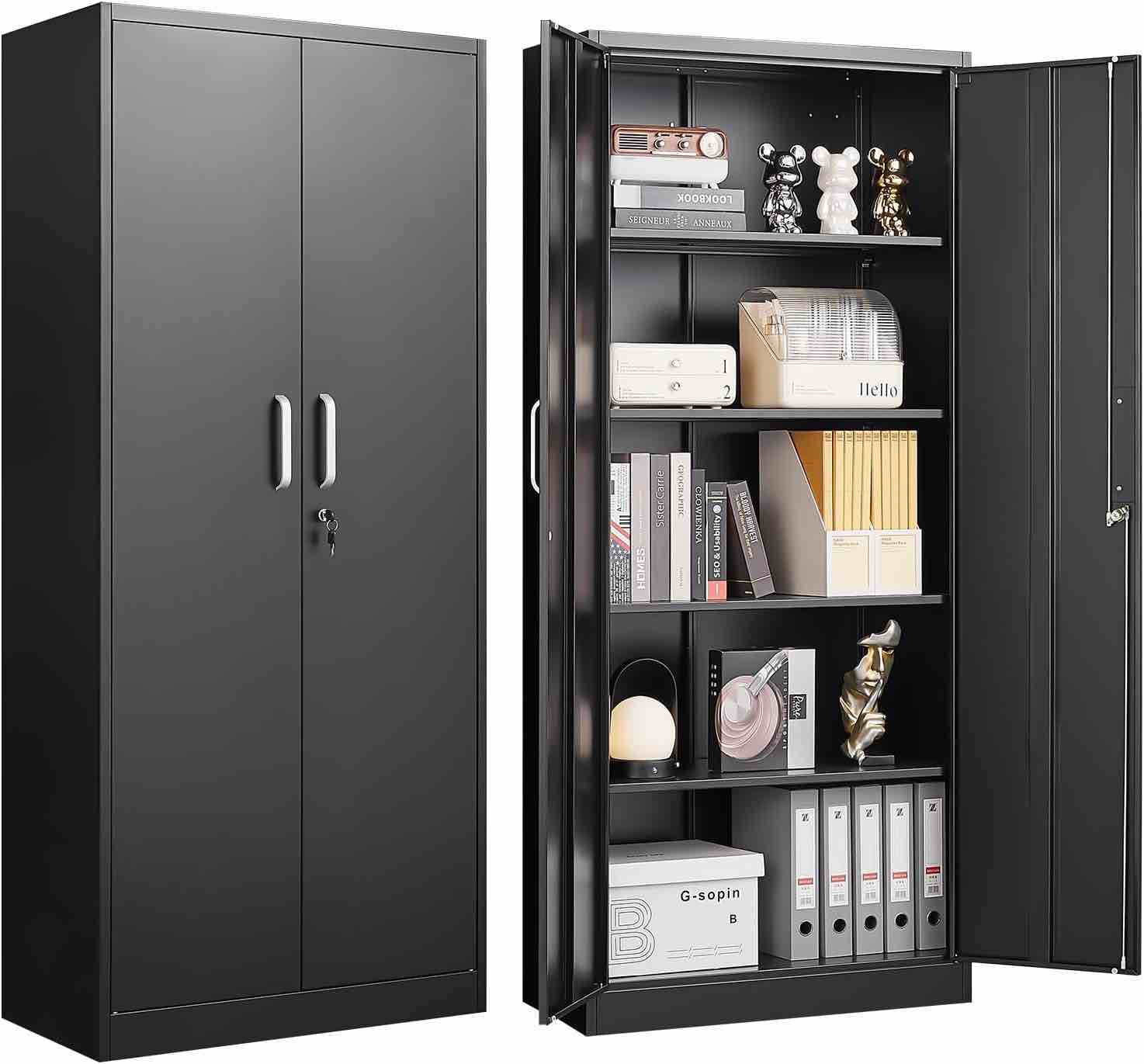 metal storage cabinet with adjustable shelves, pantry cabinet with 2 doors, lock