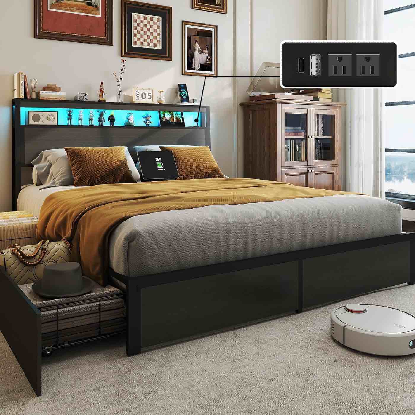 full size bed frame with storage, led wood bed platform with headboard, 4 drawers, charging station, no box spring needed, metal support base, rustic grey