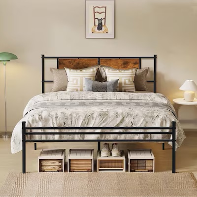 Queen Black Metal Bed Frame with Headboard