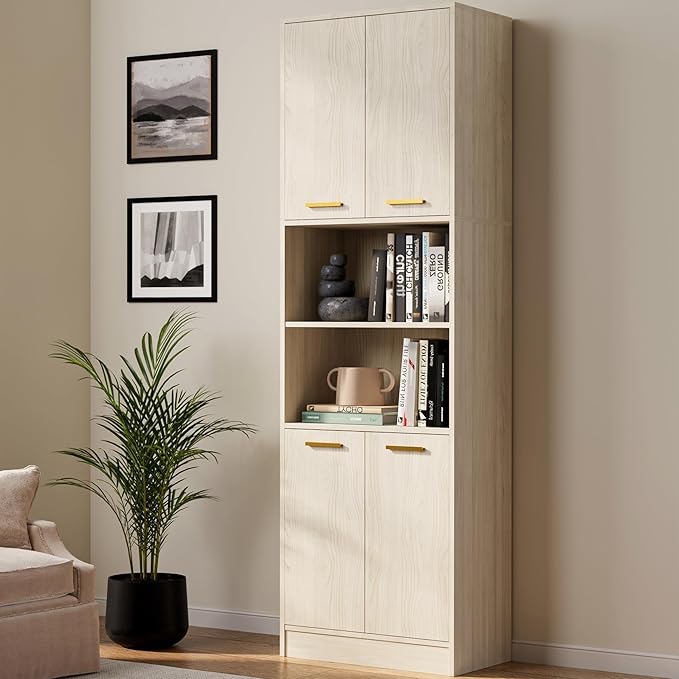 Kitchen Pantry Cabinet, 75" Tall Wood Storage Cabinet with Doors and Shelves, 4 Doors Open Countertop Utility Hutch Cupboard for Dining Room Living Room Bathroom Furniture, Light Oak