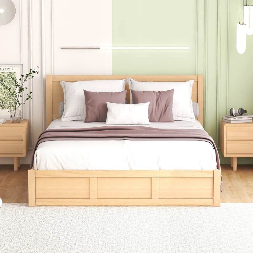 Queen Size Wood Platform Bed With Underneath Storage And 2 Drawers, Wood Color Box Spring Not Required Queen Natural Wood Bedroom Bed Frame Solid Wood Mdf