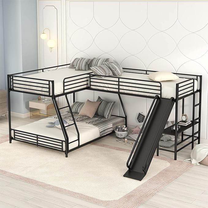 Triple Bunk Bed for Kids, Twin Over Full Bunk Bed with Twin Loft Bed, L-Shaped Triple Metal Bunk Bed with Desk and Slide, Noise Free, No Box Spring Needed, Black