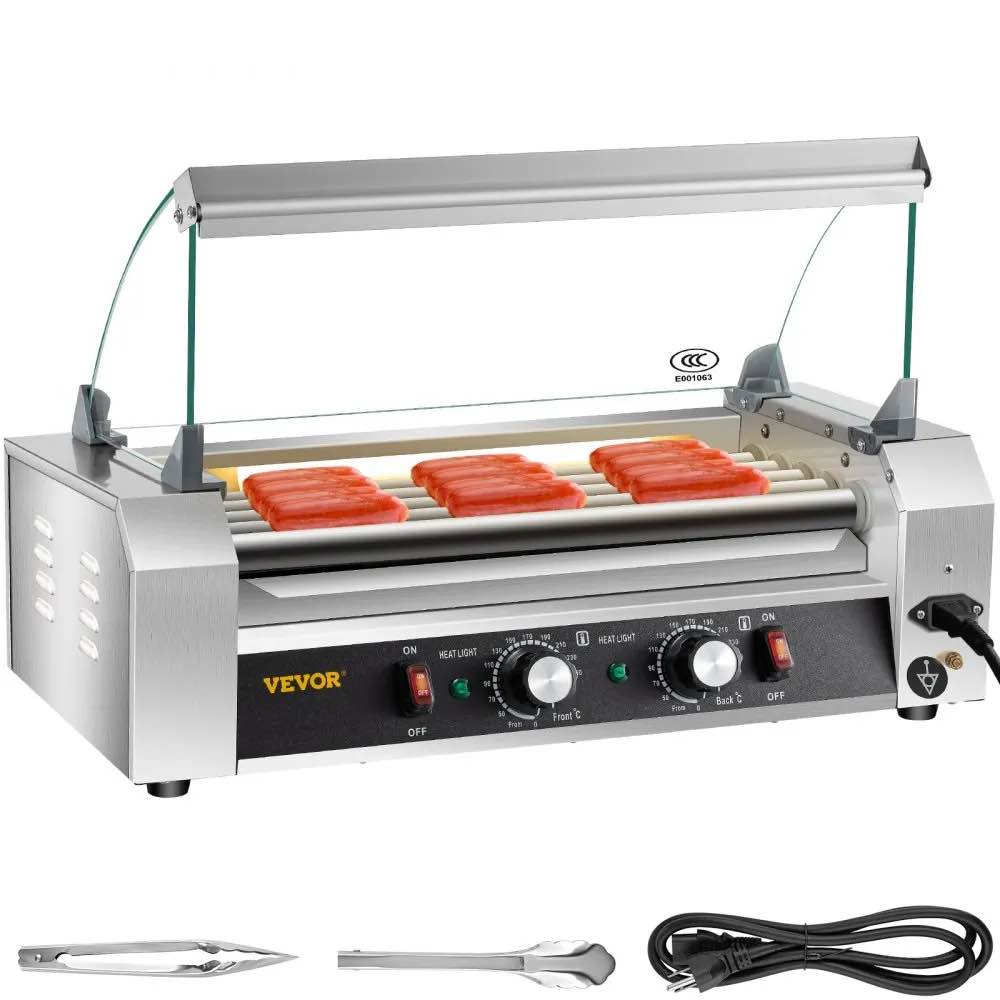 vevor hot dog roller, 12 hot dog capacity 5 rollers, 750w stainless steel cook warmer machine with cover & dual temp control, led light & detachable drip tray, sausage grill cooker for kitchen canteen