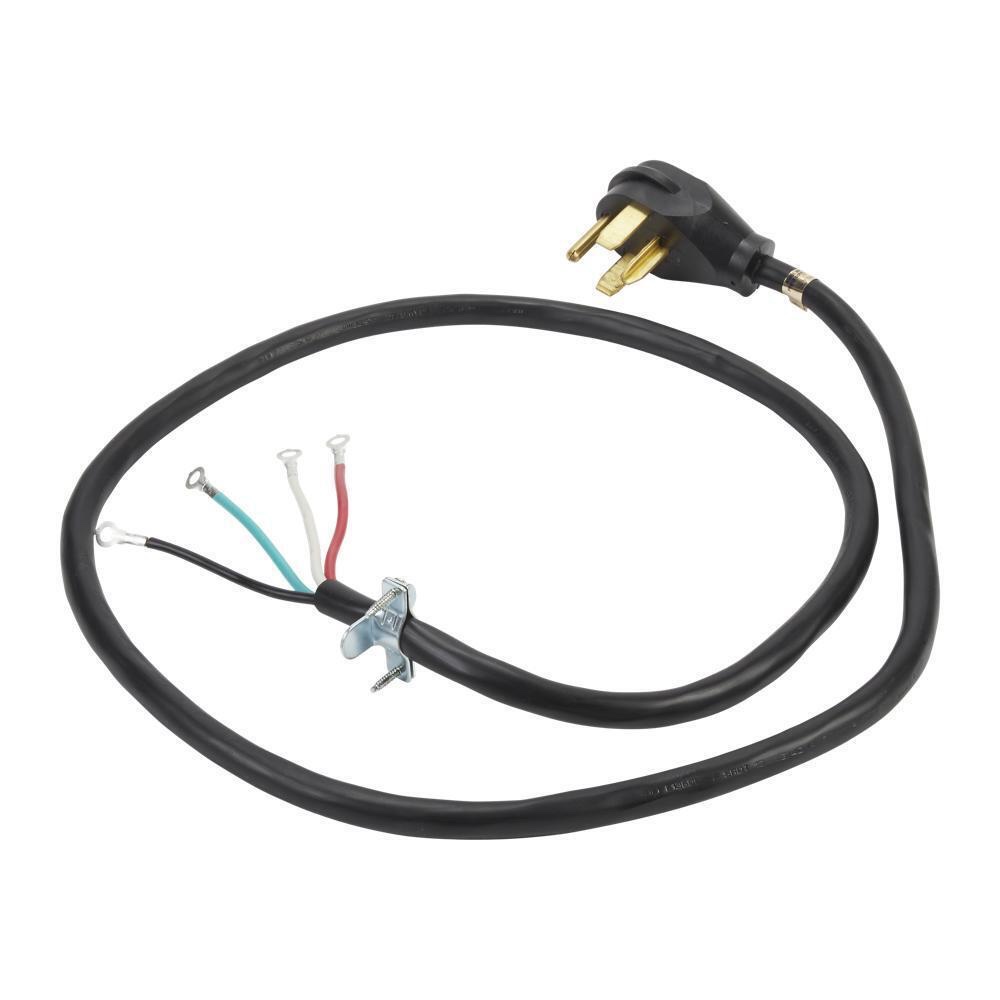 Black Electric Dryer Power Cord with 30-amp, 4-Wire, and 4 ring terminal connectors with right-angle plug