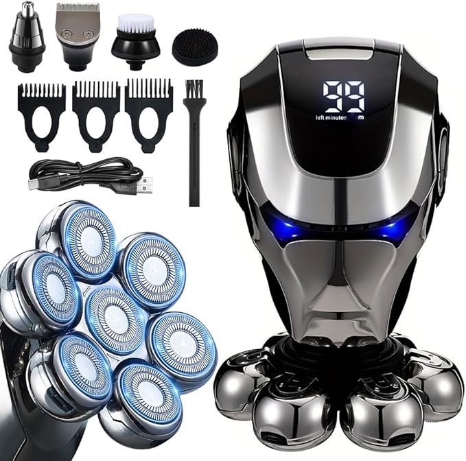 Electric 7D Head Shaver for Bald Men, 5-in-1 Rotary Shavers Grooming Kit with Nose Hair Trimmer, Hair Trimmer, Wet-Dry Waterproof, LED Display, Electric Razor Rechargeable Type-C Charge (Silver)