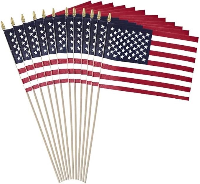 200pcs Small American Flags on Stick, Handheld 8 x 5.5 Inchs Mini American Flags with Kid-Safe Golden Spear Top, US Flags for 4th of July Decorations Outdoor, Independence Day Decorations