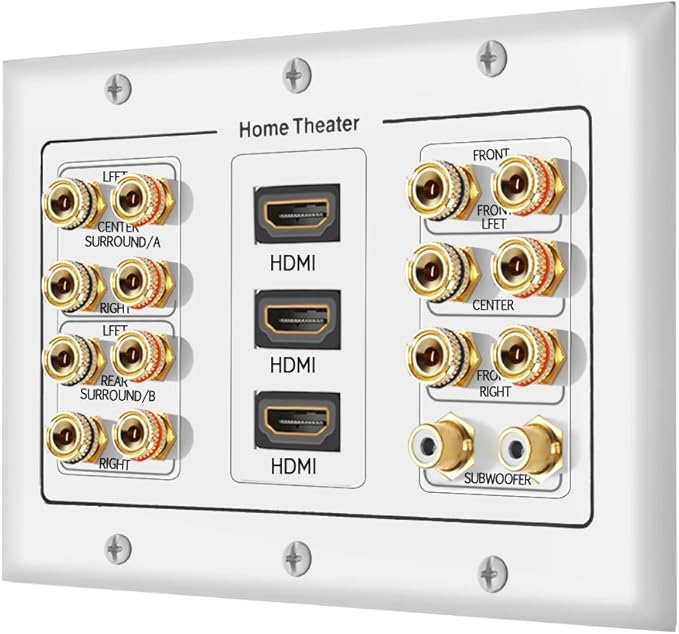 3 gang 7.2 surround sound distribution home theater copper banana binding post coupler type wall plated for 7 speakers 2 rca jacks for subwoofers and 3 hdmi ports