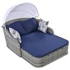 Outdoor Sunbed With Adjustable Canopy, Daybed With Pillows, Double Lounge, Pe Rattan Daybed, Gray Wicker And Blue Cushion Yes Blue Grey Garden & Outdoor Wicker