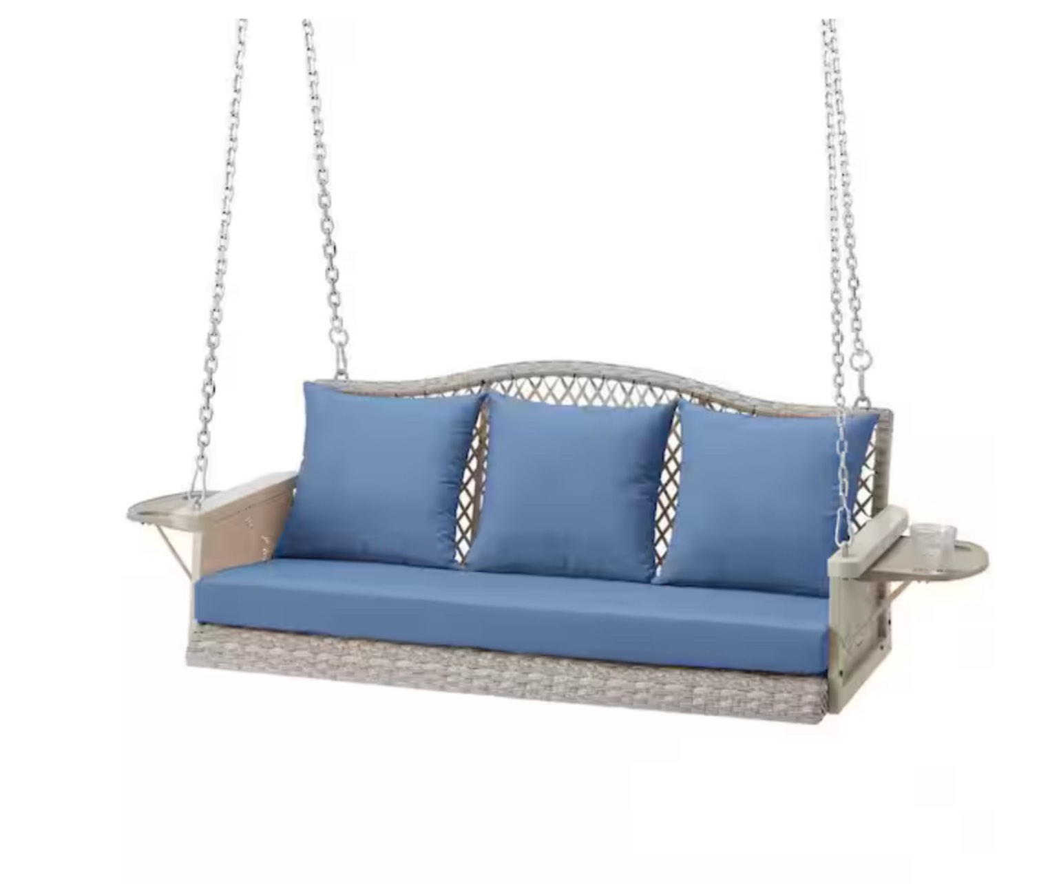 3-Person Gray Wicker Porch Swing with Light Blue Cushions, Woven-Rattan Back