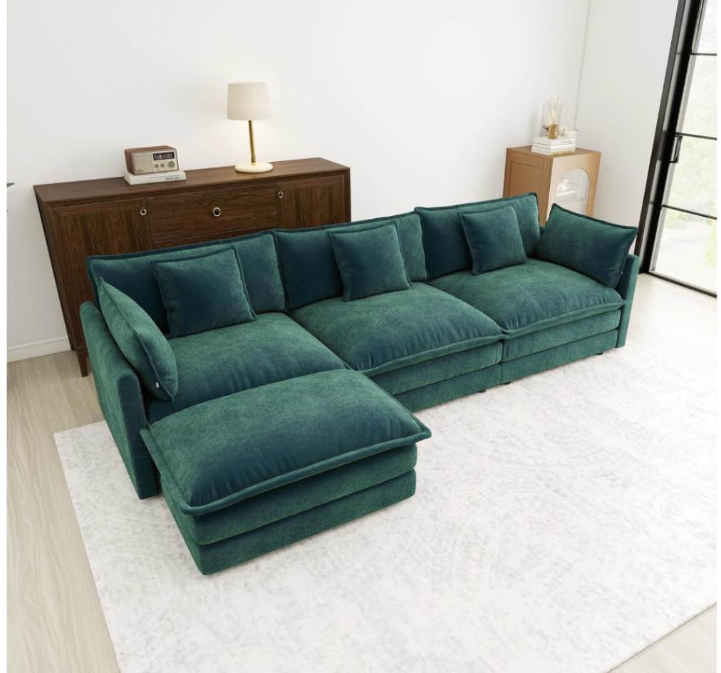 3-Seater Comfy Cloud Couch with 2 Movable Footrest for Living Room,Oversized Deep Seat U Shaped Couch Set, Upholstered Large Size Deep Seat 2-Seat Sofa with 3 cushions