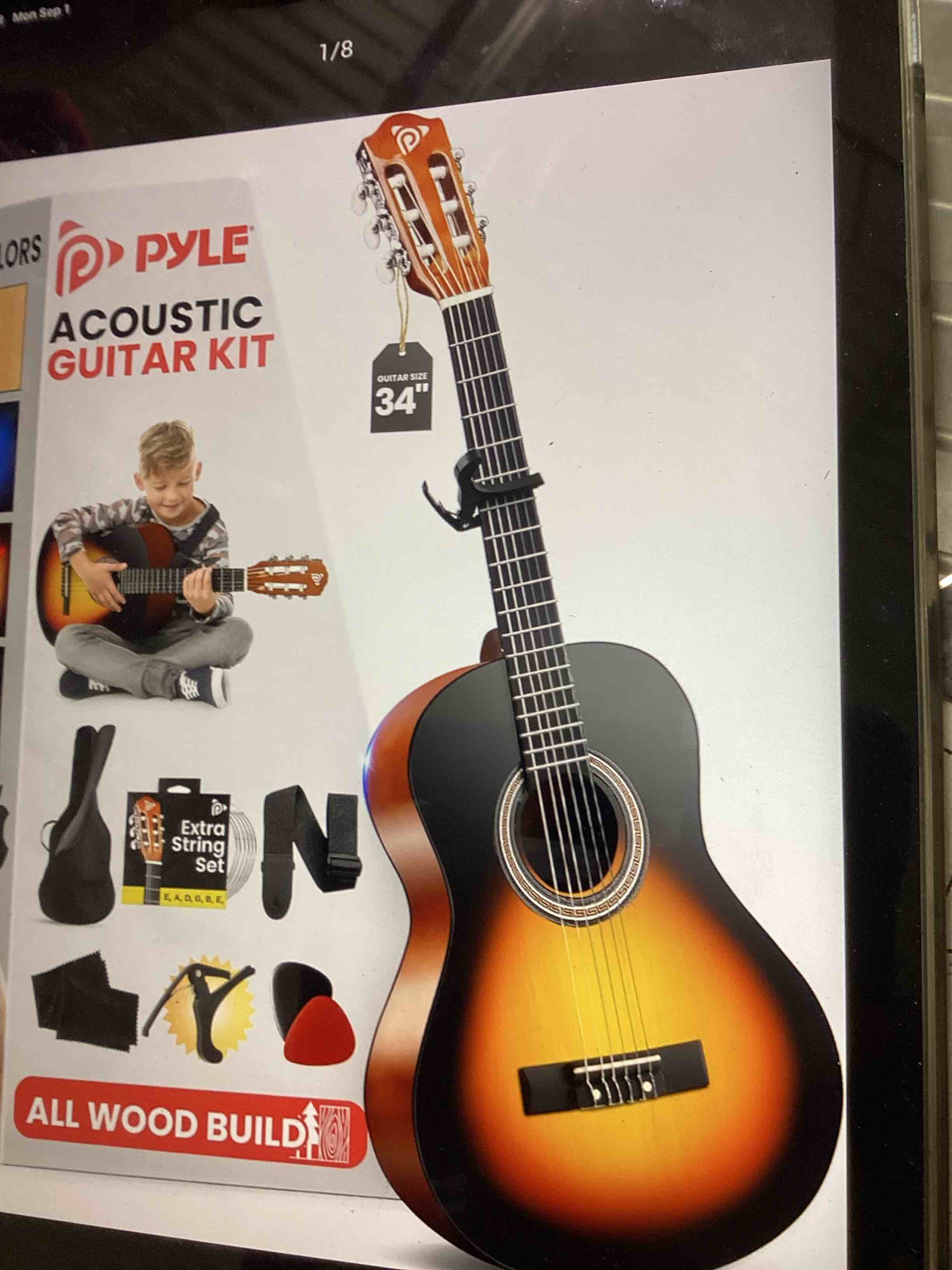 pyle classical guitar starter kit - 30" 1/4th size all wood instrument with capo, gig bag, strings, 