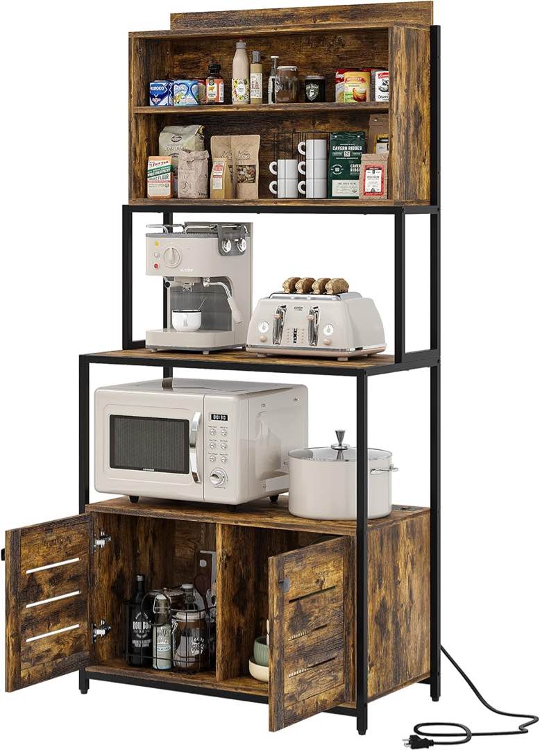 Furniouse 5-Tier Kitchen Bakers Rack with Power Outlet, Industrial Microwave Oven Stand with Shelves, Kitchen Utility Storage Shelf with Cabinet, Standing...