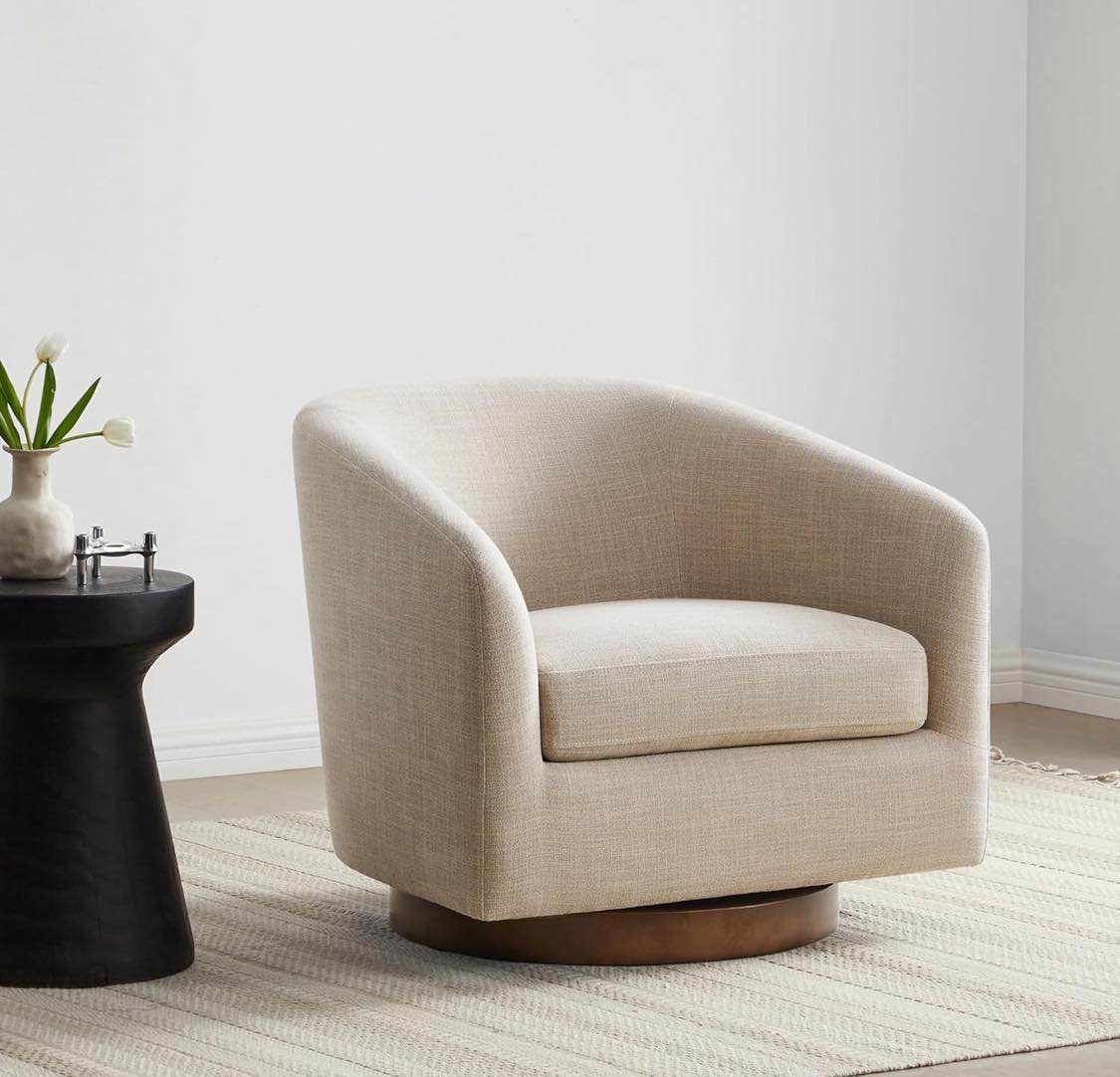 CHITA Swivel Accent Chair, FSC Certified Upholstered Fabric Barrel Chair for Living Room, Fully Assembled, Flax Beige